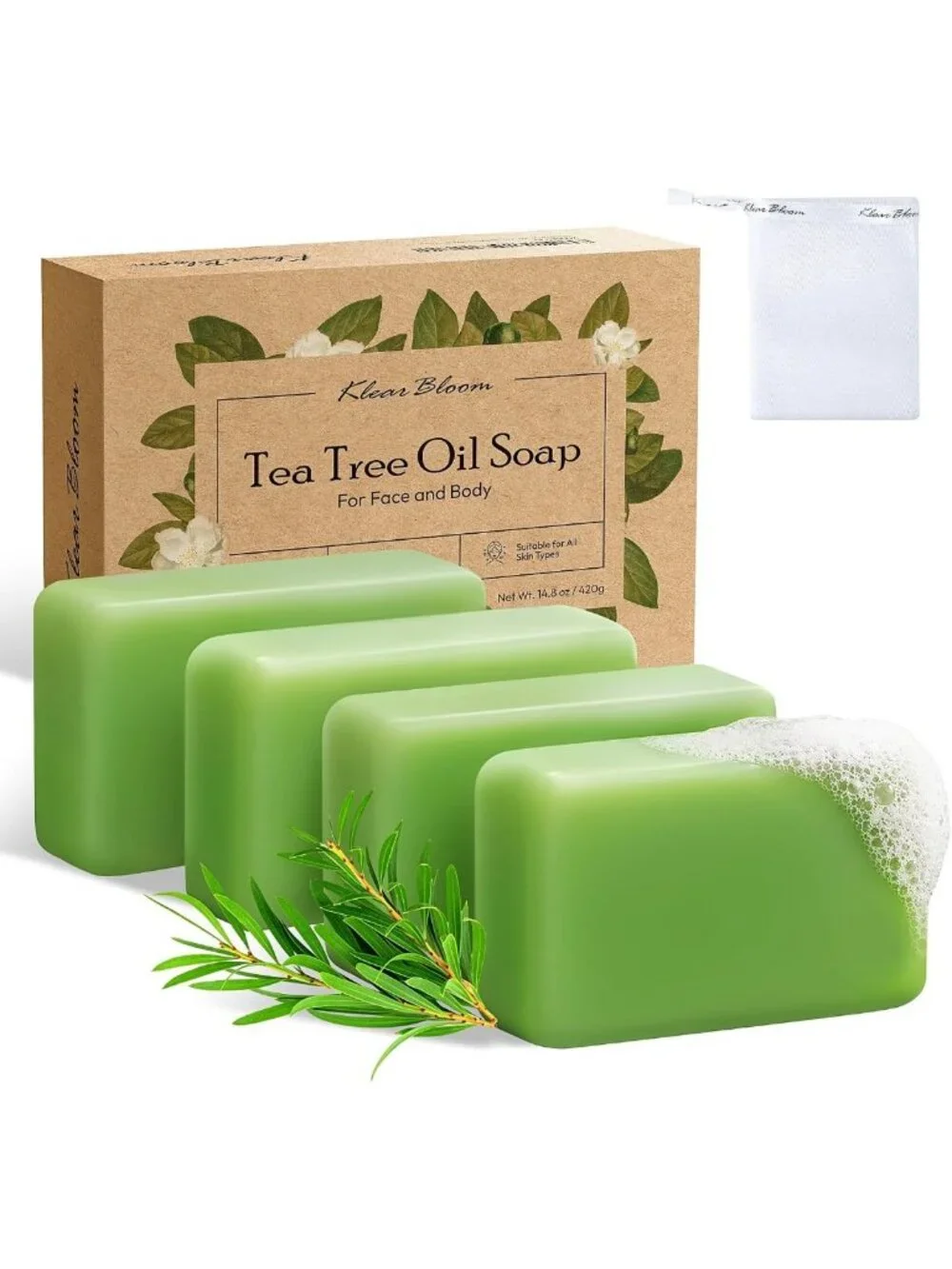 Antifungal Tea Tree Soap - 4 Bars for Oily, Blemish-Prone Skin Care, 105g Each